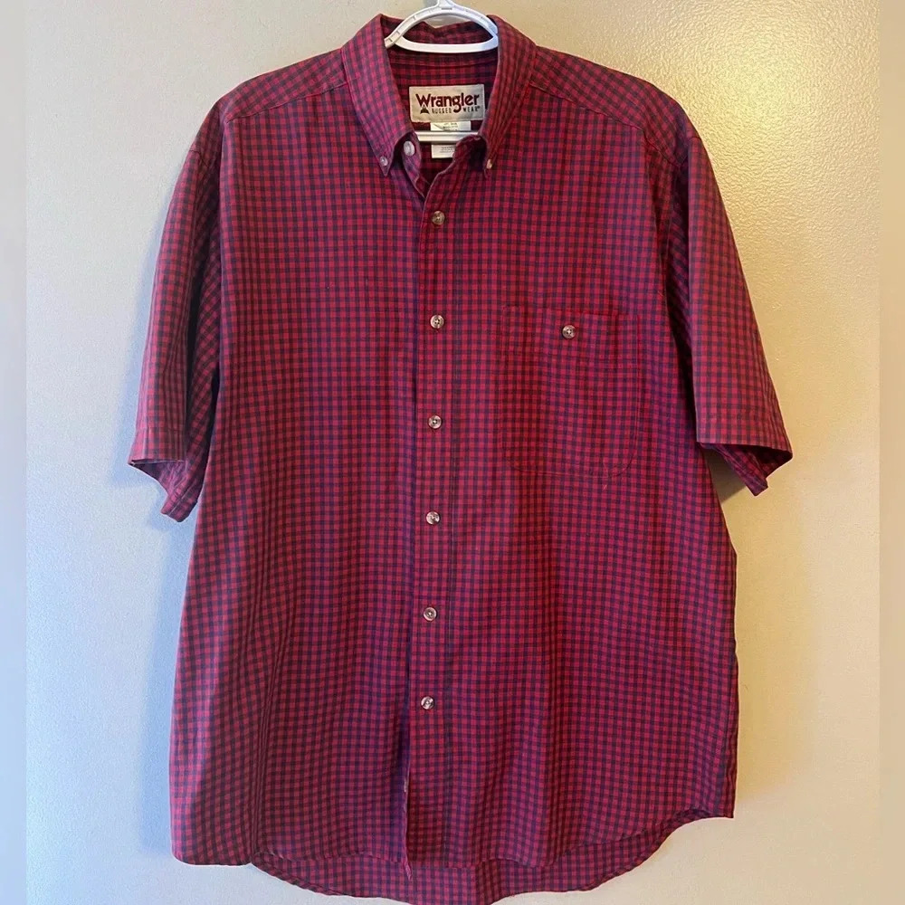 Wrangler Button‎ Down Shirt Plaid Red Blue Large Short Sleeve Western Casual